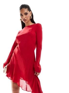 Mango Red Long-Sleeve Asymmetric Hem Dress